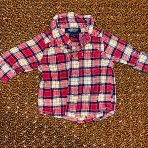 Vtg Oshkosh plaid button down long sleeve shirt red 100% cotton soft warm 0-3